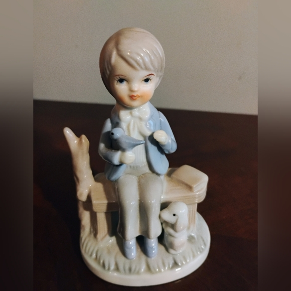 Vintage 80s Porcelain Glazed Boy On Bench With Dog Figurine - Picture 1 of 6
